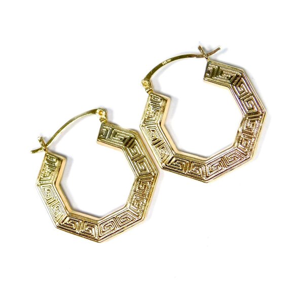 Stunning Vintage 14K Gold Greek Key Hoop Earrings, Stamped 14K, 3.1 grams - Picture 1 of 4